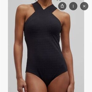 Shoshanna Black High-Neck Textured One-Piece Swimsuit XL long NWT